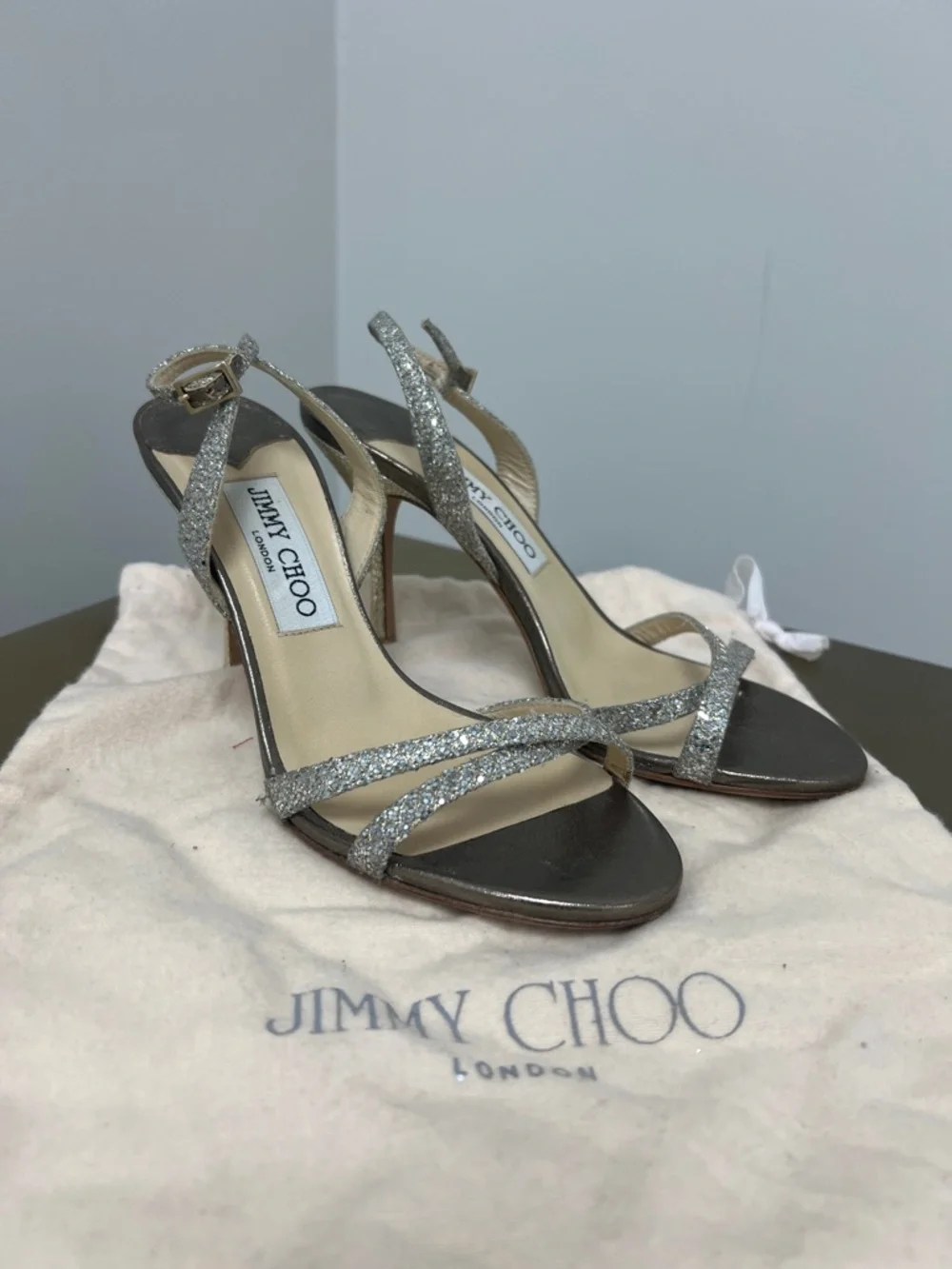 Jimmy Choo Silver Glitter Slingback Heels - Picture 1 of 6